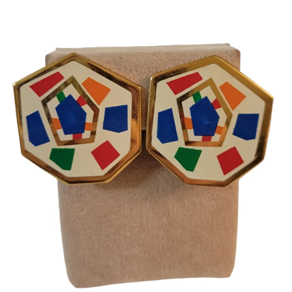 Vintage Enameled Hexagon Shaped clip earrings